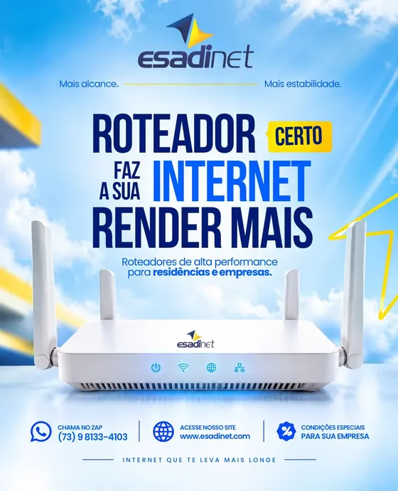 O roteador certo faz toda a diferença! 🚀💙 Com a Esadinet, você tem mais alcance, estabilidade e desempenho para manter s